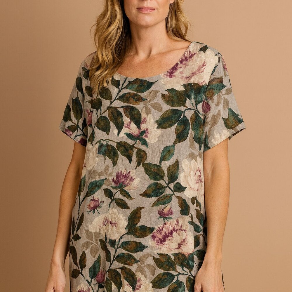 POU DOU DOU Vingt-Trois Japan Hemp/Cotton Woven Floral Print Tunic Top size M